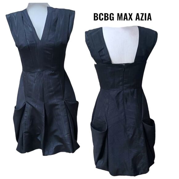 BCBG MAXAZIA DRESS Women's Size 4 Black Unique Pockets Sleeveless Taffeta - Picture 1 of 16